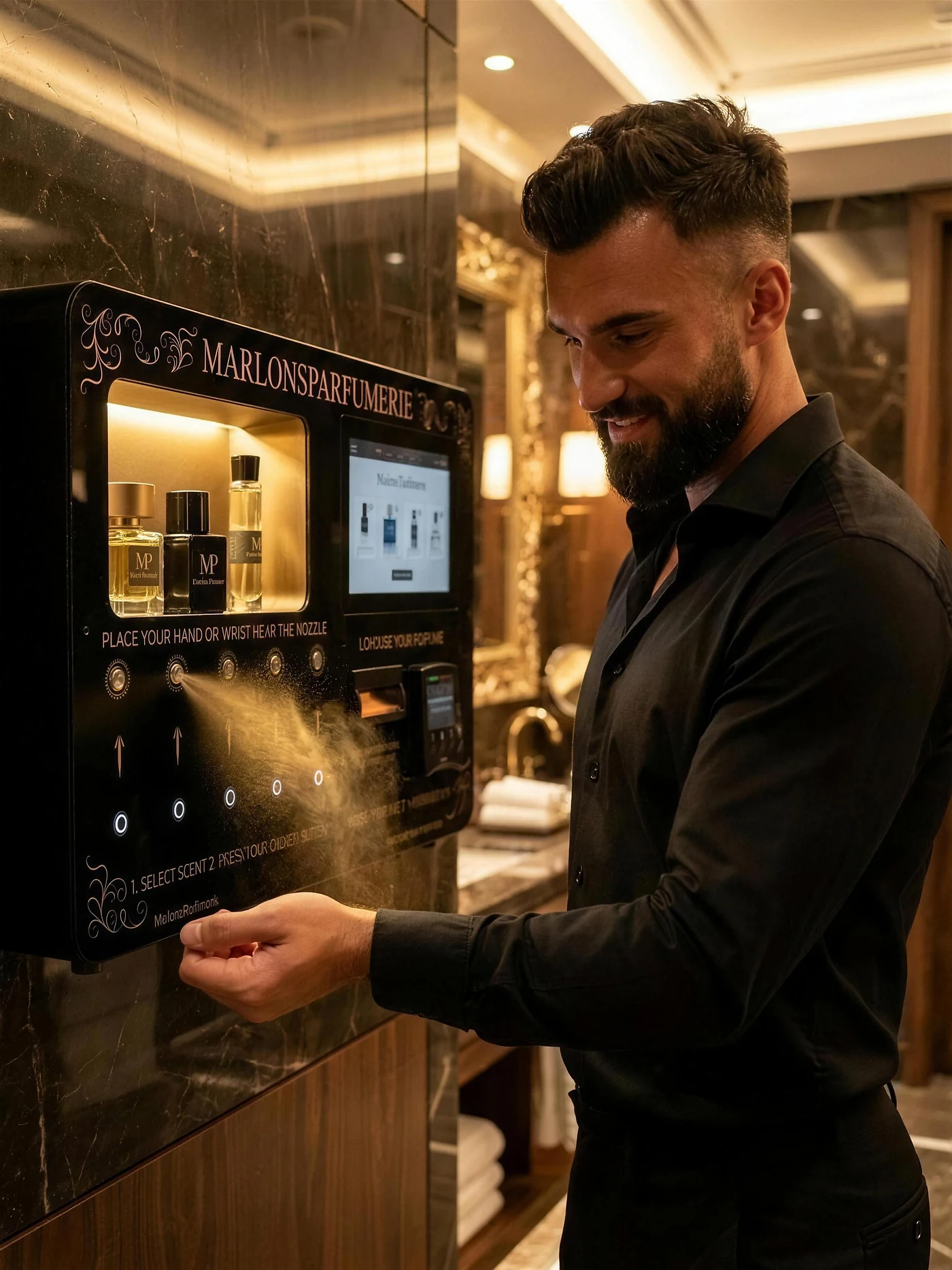 Marlon gebruikt de Marlon's Parfumerie dispenser